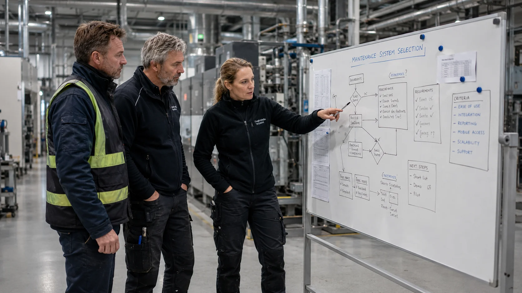 Underhållspersonal går igenom process för val av system vid en whiteboard